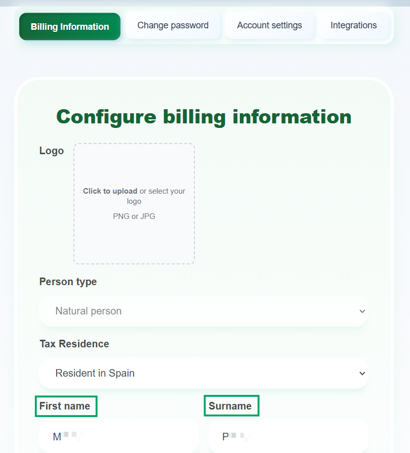 Name verification in Taxolé - Billing information