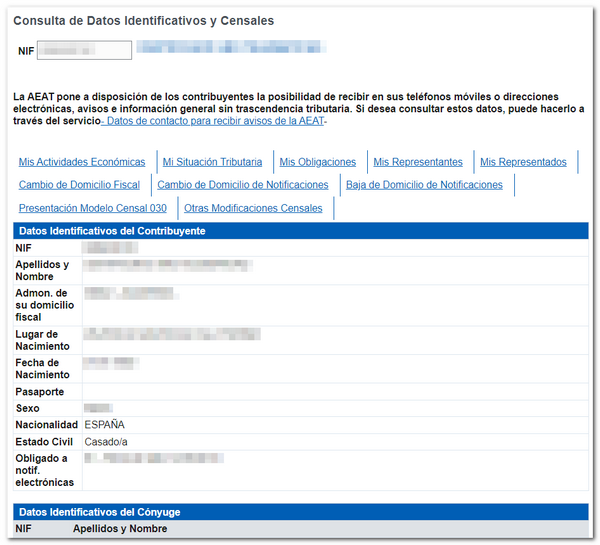 Name verification in the AEAT - Name and last name section